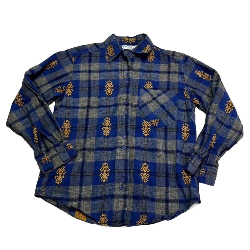 Blue Plaid Shirt Button Up Backroad Blues Small Southwestern Yellow Vintage